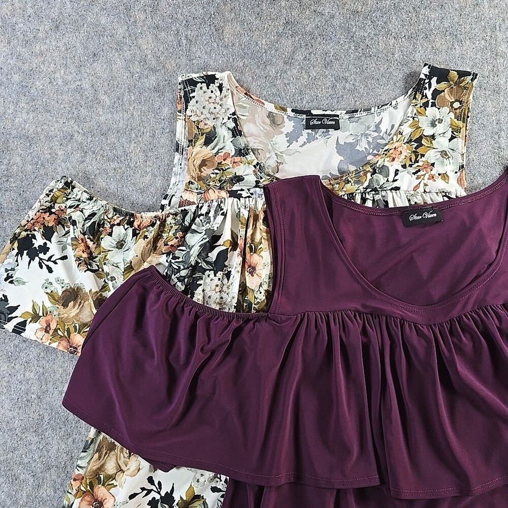 Set of 2 Star Vixen Womens Cold Shoulder Tops Short Sleeve Blouse Floral & Wine